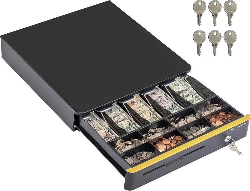 Volcora Cash Register Drawer for Point of Sale POS System with Round Corners 16", Removable Coin Tray, 5 Bill 8 Coin, 12-24V RJ11/12 Key-Lock Media Slot, Money Drawer for Business, Yellow Bar/Black - Image 1
